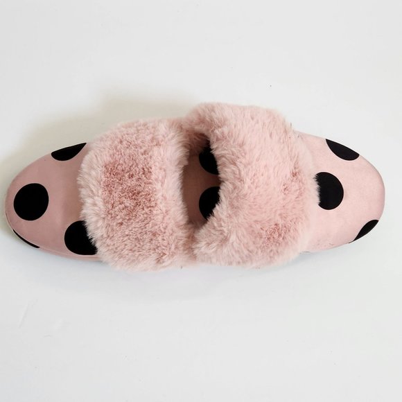 Victoria's Secret Signature Satin Slippers Pink/Black Polka Dot with Faux Fur Si - Picture 3 of 7